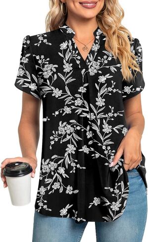 Anyhold Women's Summer Dressy Chiffon Blouse Notch V Neck Petal Sleeve Tops Loose Casual Cute Shirts for Work in Kuwait