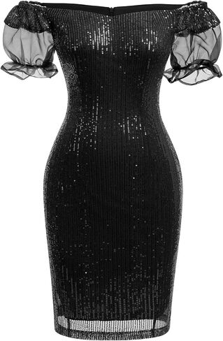 Womens 3/4 Sleeve V Neck Sequin Sparkle Glitzy Glam Flapper Party Dress Cocktail Glitter Bodycon Wedding Evening Clubwear in Kuwait