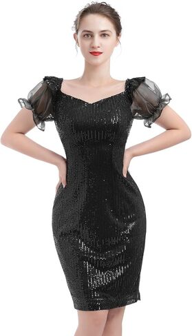 Womens 3/4 Sleeve V Neck Sequin Sparkle Glitzy Glam Flapper Party Dress Cocktail Glitter Bodycon Wedding Evening Clubwear in Kuwait