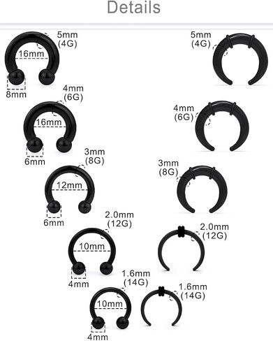 Dyknasz Septum Pincher Tapers 14G 12G 8G 6G 4G حلقات حاجز كبيرة ملولبة داخليًا مدببة على شكل حدوة حصان من الفولاذ المقاوم للصدأ والأكريليك على شكل C مجموعة تمديد الجاموس المتوسع للحاجز in Kuwait