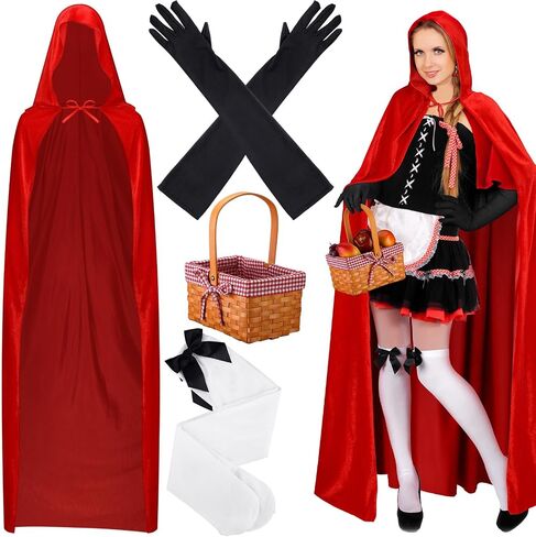 Ramede 4 Pcs Halloween Cosplay Accessories Long Hooded Cloak Velvet Cape Elbow Length Party Gloves for Women Bow Thigh Highs Red Gingham Hand Basket for Adult Costumes in Saudi Arabia