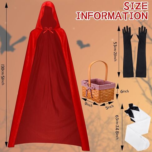 Ramede 4 Pcs Halloween Cosplay Accessories Long Hooded Cloak Velvet Cape Elbow Length Party Gloves for Women Bow Thigh Highs Red Gingham Hand Basket for Adult Costumes in Saudi Arabia