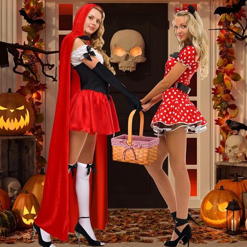 Ramede 4 Pcs Halloween Cosplay Accessories Long Hooded Cloak Velvet Cape Elbow Length Party Gloves for Women Bow Thigh Highs Red Gingham Hand Basket for Adult Costumes in Saudi Arabia