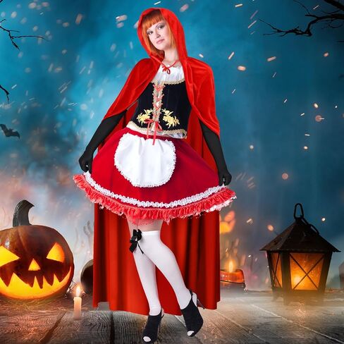 Ramede 4 Pcs Halloween Cosplay Accessories Long Hooded Cloak Velvet Cape Elbow Length Party Gloves for Women Bow Thigh Highs Red Gingham Hand Basket for Adult Costumes in Saudi Arabia