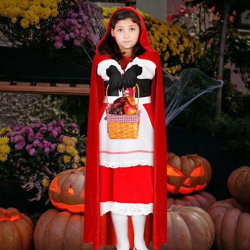 Ramede 4 Pcs Halloween Cosplay Accessories Long Hooded Cloak Velvet Cape Elbow Length Party Gloves for Women Bow Thigh Highs Red Gingham Hand Basket for Adult Costumes in Saudi Arabia