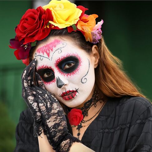 Tigeen 4 Pcs Day of the Dead Costume Set Includes Rose Flower Headband Costume Embroidered Fabric Folding Fan Flower Choker and Lace Gloves Women Girl Mexican Dance Party Accessories in Kuwait