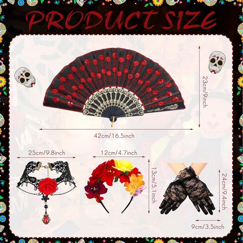 Tigeen 4 Pcs Day of the Dead Costume Set Includes Rose Flower Headband Costume Embroidered Fabric Folding Fan Flower Choker and Lace Gloves Women Girl Mexican Dance Party Accessories in Kuwait
