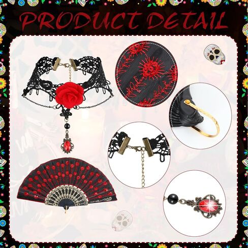 Tigeen 4 Pcs Day of the Dead Costume Set Includes Rose Flower Headband Costume Embroidered Fabric Folding Fan Flower Choker and Lace Gloves Women Girl Mexican Dance Party Accessories in Kuwait