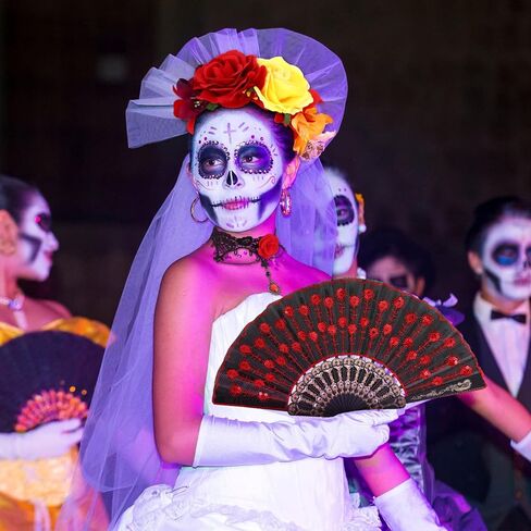 Tigeen 4 Pcs Day of the Dead Costume Set Includes Rose Flower Headband Costume Embroidered Fabric Folding Fan Flower Choker and Lace Gloves Women Girl Mexican Dance Party Accessories in Kuwait