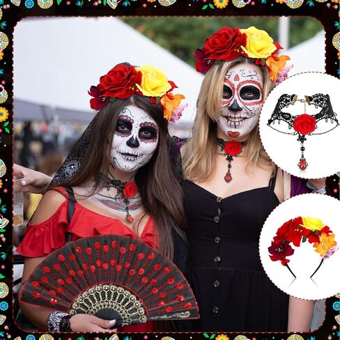 Tigeen 4 Pcs Day of the Dead Costume Set Includes Rose Flower Headband Costume Embroidered Fabric Folding Fan Flower Choker and Lace Gloves Women Girl Mexican Dance Party Accessories in Kuwait