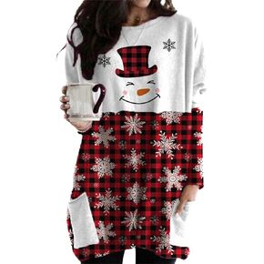 WIWIQS Womens Christmas Casual Print Sweatshirt Long Sleeve Round Neck Pocket T Shirts Blouses Tops