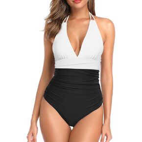 Holipick Women One Piece Swimsuit Tummy Control Halter Bathing Suit Sexy Plunge V Neck Swimwear