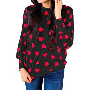 Valphsio Womens Long Sleeve Heart Prints Blouse Crew Neck Valentines Tshirt Sweatshirt in Kuwait