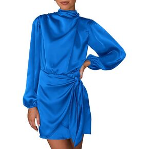 BTFBM Women's Long Sleeve Satin Dress 2023 Summer Fall Mock Neck Ruched Tie Waist Silky Cocktail Party Mini Dresses in Saudi Arabia