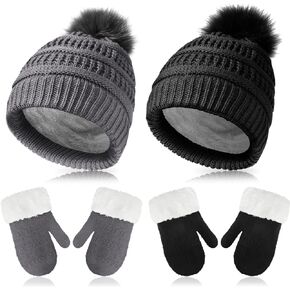 2 Sets Toddler Hats and Gloves Fleece Lined Beanie Babies Girl Toddler Beanie Boy Hat with Winter Warm Mittens Thick