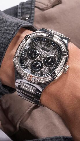 GUESS Men's 46mm Watch - Silver Tone Strap Black Dial Silver Tone Case in Saudi Arabia