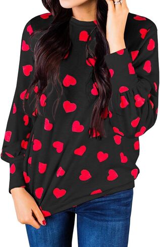 Valphsio Womens Long Sleeve Heart Prints Blouse Crew Neck Valentines Tshirt Sweatshirt in Kuwait