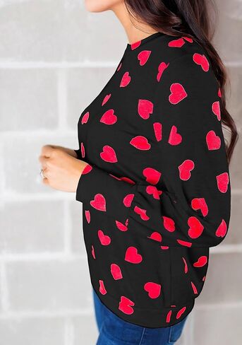 Valphsio Womens Long Sleeve Heart Prints Blouse Crew Neck Valentines Tshirt Sweatshirt in Kuwait