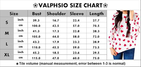 Valphsio Womens Long Sleeve Heart Prints Blouse Crew Neck Valentines Tshirt Sweatshirt in Kuwait