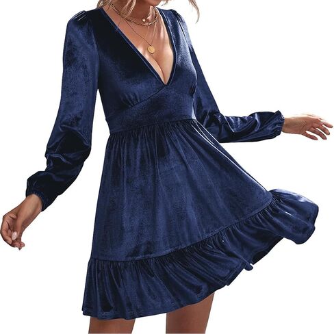 ROYLAMP Women's Dresses Velvet Deep V-Neck Long Sleeve Ruffle Mini Swing Sexy Cocktail Shift Dress in Saudi Arabia