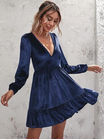 ROYLAMP Women's Dresses Velvet Deep V-Neck Long Sleeve Ruffle Mini Swing Sexy Cocktail Shift Dress in Saudi Arabia