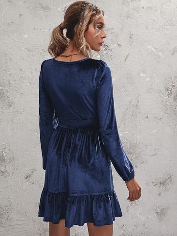 ROYLAMP Women's Dresses Velvet Deep V-Neck Long Sleeve Ruffle Mini Swing Sexy Cocktail Shift Dress in Saudi Arabia