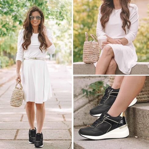 أحذية K KIP WOK النسائية ذات الكعب العالي بكعب عريض وأربطة ومنصة مخفية خفيفة الوزن كاجوال مكتنزة على الموضة أحذية رياضية للسيدات in Kuwait