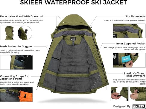 Skieer Men's Mountain Waterproof Ski Jacket Winter Rain Jacket Warm Fleece Snow Coat in Kuwait