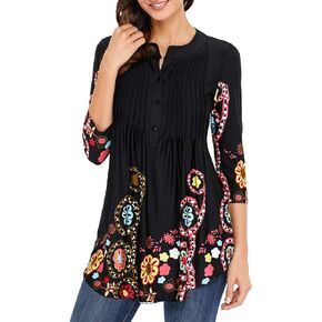 Women's Paisley Printed 3/4 Sleeve Henley V Neck Pleated Casual Flare Tunic Damask Irregular Hem Blouse Shirt