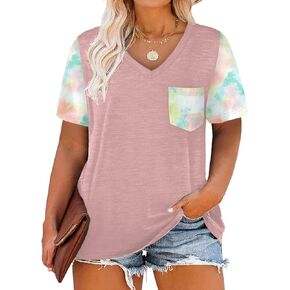 DOLNINE Plus-Size Tops for Women V Neck T Shirts Summer Tunics with Pocket
