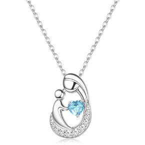MILACOLATO Mother's Day Gifts S925 Sterling Silver Mother Daughter Necklaces 18K White Gold Filled Mom and Child Heart Birthstone Necklace Mom Pendant Necklaces for Mom New Mum Grandma Women Wife