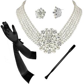 ROFIFY Vintage Necklace,Earrings, Long Black Holder, Black Opera Gloves 1920s Gatsby 4 piece Costume Jewelry accessories Set Audrey Hepburn Inspired Breakfast at T's