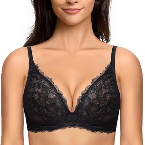 Deyllo Women's Sexy Lace Bra Non-Padded Underwire See Through Unlined Bra Mesh Sheer Plunge Low Cut Bralettes