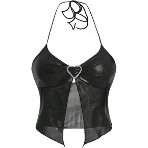 Verdusa Women's Rhinestone Backless Ruched Asymmetrical Split Crop Halter Top