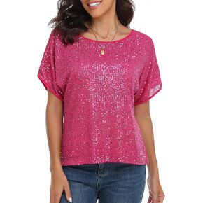 kayamiya Women's Sparkly Sequin Top Batwing Sleeve Glitter Party Shirts Blouse Dressy Tops