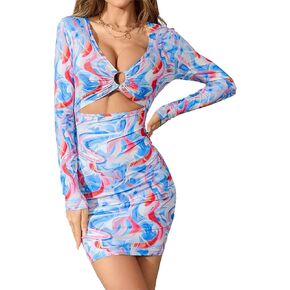 WDIRARA Women's Marble Print Long Sleeve V Neck Cut Out Ring Bodycon Mini Dress in Kuwait