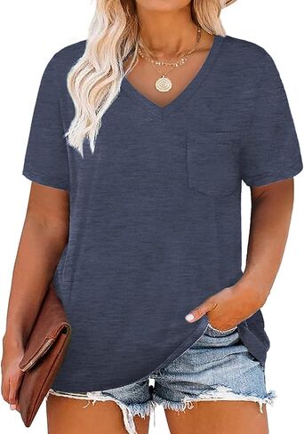 DOLNINE Plus-Size Tops for Women V Neck T Shirts Summer Tunics with Pocket in Kuwait