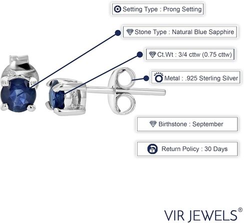 Vir Jewels 3/4 cttw Round Blue Sapphire Stud Earrings in .925 Sterling Silver with Rhodium in Saudi Arabia