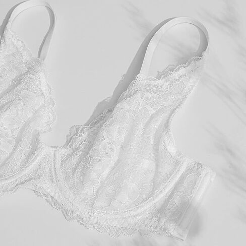 Deyllo Women's Sexy Lace Bra Non-Padded Underwire See Through Unlined Bra Mesh Sheer Plunge Low Cut Bralettes in Saudi Arabia