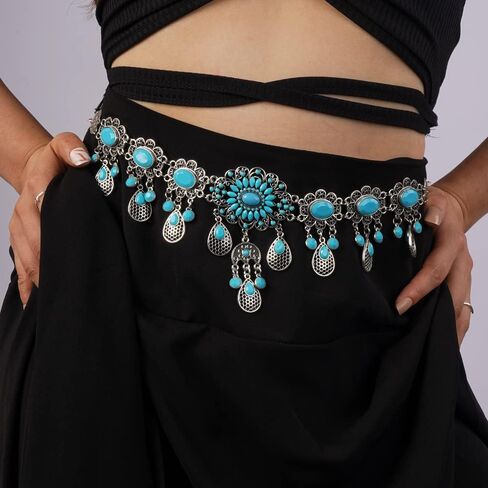 Missgrace Boho خمر زهرة الأزرق الفيروز شرابة كريستال سلسلة الرقص الشرقي سلاسل الجسم الفضية اليدوية الهندي الجسم اكسسوارات مجوهرات للنساء in Saudi Arabia
