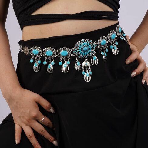 Missgrace Boho خمر زهرة الأزرق الفيروز شرابة كريستال سلسلة الرقص الشرقي سلاسل الجسم الفضية اليدوية الهندي الجسم اكسسوارات مجوهرات للنساء in Saudi Arabia