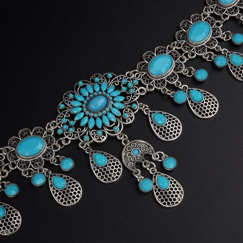 Missgrace Boho خمر زهرة الأزرق الفيروز شرابة كريستال سلسلة الرقص الشرقي سلاسل الجسم الفضية اليدوية الهندي الجسم اكسسوارات مجوهرات للنساء in Saudi Arabia