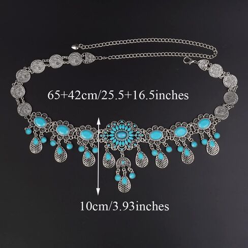 Missgrace Boho خمر زهرة الأزرق الفيروز شرابة كريستال سلسلة الرقص الشرقي سلاسل الجسم الفضية اليدوية الهندي الجسم اكسسوارات مجوهرات للنساء in Saudi Arabia