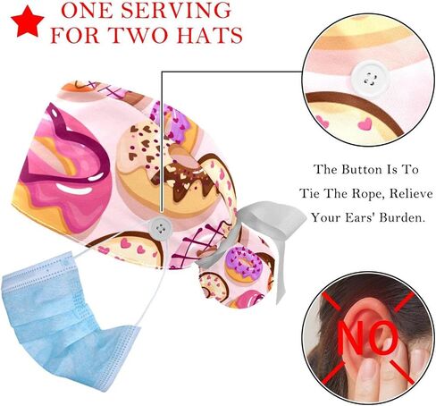 FFLOWER 2 Pcs Working Cap with Buttons Sweatband Cartoon Space Dinosaur Rocket Ribbon Tie Back Bouffant Hats in Kuwait