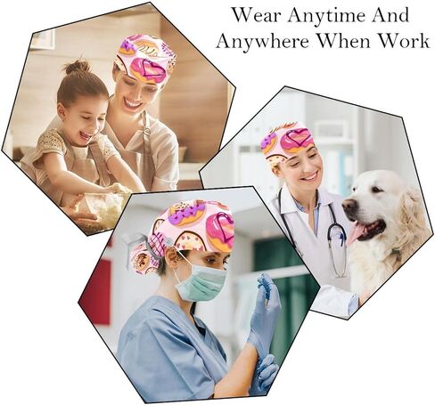 FFLOWER 2 Pcs Working Cap with Buttons Sweatband Cartoon Space Dinosaur Rocket Ribbon Tie Back Bouffant Hats in Kuwait