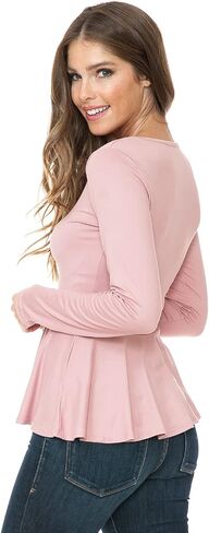 SSOULM Women's Long Sleeve Stretchy Knit Ruffle Hem Peplum Blouse Top with Plus Size in Saudi Arabia