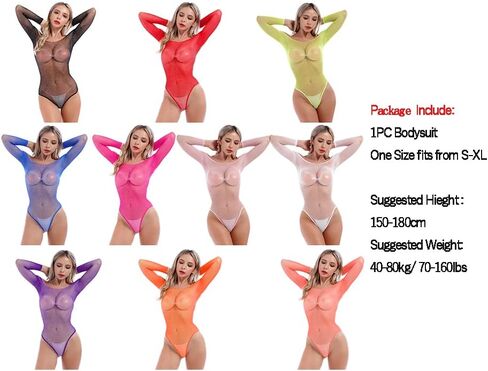 IMEKIS Women Sexy Sparkle Rhinestone Teddy Fishnet Long Sleeve Bodysuit Top One Piece Sheer Mesh Lingerie Off Shoulder Outfit in Saudi Arabia