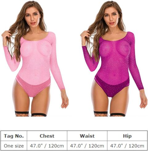 IMEKIS Women Sexy Sparkle Rhinestone Teddy Fishnet Long Sleeve Bodysuit Top One Piece Sheer Mesh Lingerie Off Shoulder Outfit in Saudi Arabia