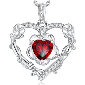 AGVANA Bloomist Heart Birthstone Necklace Valentines Day Gifts for Her Sterling Silver Heart Rose Flower Pendant Necklace Fine Jewelry Anniversary Birthday Gifts for Women Girls Mom Wife Girlfriend Lady Her