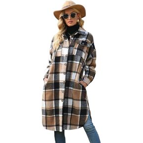 IDEALSANXUN Womens Casual Thicken Plaid Wool Long Shirt Jackets Flannel Shackets